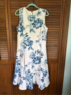 Calvin Klein Cream Midi Dress with Blue Floral Print